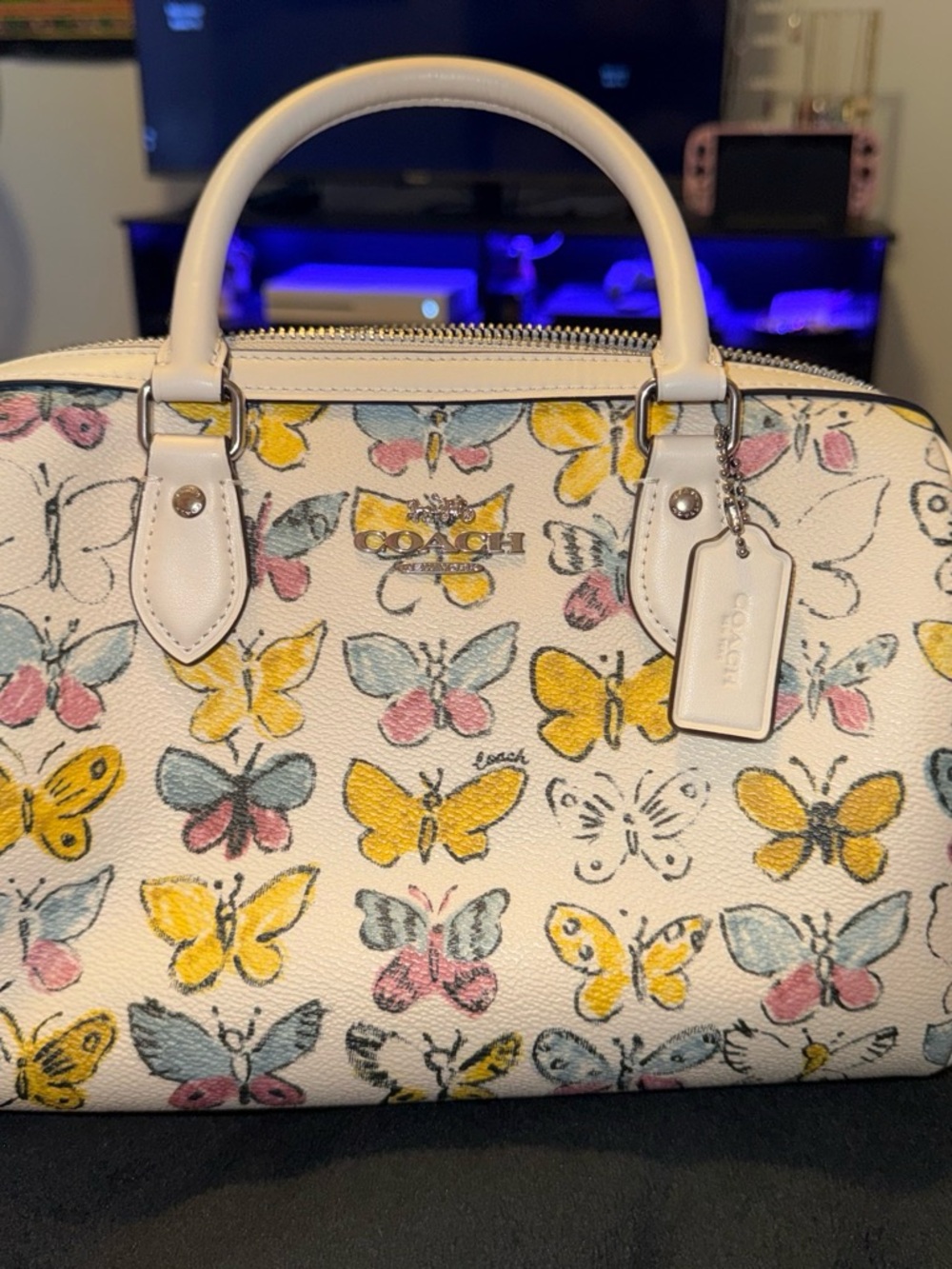 COACH Cream Satchel with Yellow, Pink and Blue Butterfly Print